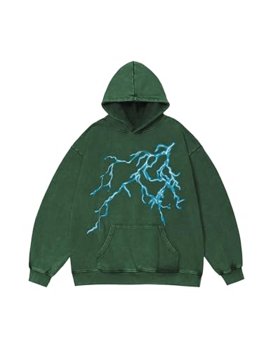 Vamtac Lightning Graphic Hoodies for Men Oversized Unisex Wash Hoodie Y2k Vintage Pullover Hooded Sweatshirt