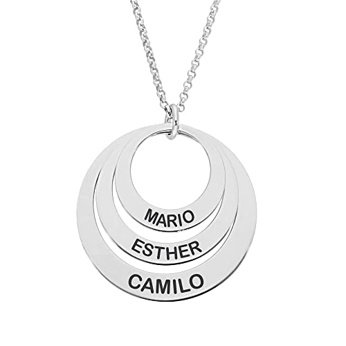 doble aro - Collar Personalizado con Discos - Colgante Personalizado con Nombres o Palabras - Colgante de Plata - 3 Discos de Plata de Ley 925/1000