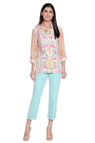 john mark Women's Five Pocket Pant with Embroidery and Frey Hem Detail