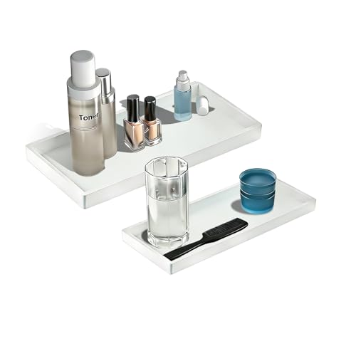 Image of BBK Bathroom Vanity Tray- 2 Pack (7.8 inch and 11.8 inch) Silicone Bathroom Tray for Counter, Perfume Key Trinket Ring Tray, Decor Soap Dispenser Countertop Tray for Kitchen Sink Organization (White)