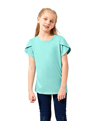 Goranbon Girls' Summer T Shirts Crewneck Petal Short Sleeve Cute Casual Tops A- Light Green #TOP4