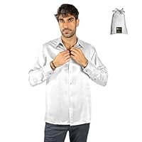 Camisa masculina de seda artesanal de luxo, lavável de seda natural pura 27 mm, mangas compridas, Branco, PP