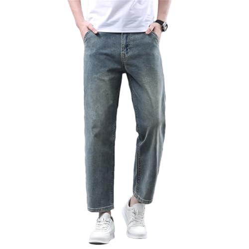 Men Summer 95% Straight Thin Jeans Stretch Soft Fabric Light Blue Denim Ankle-Length Pants