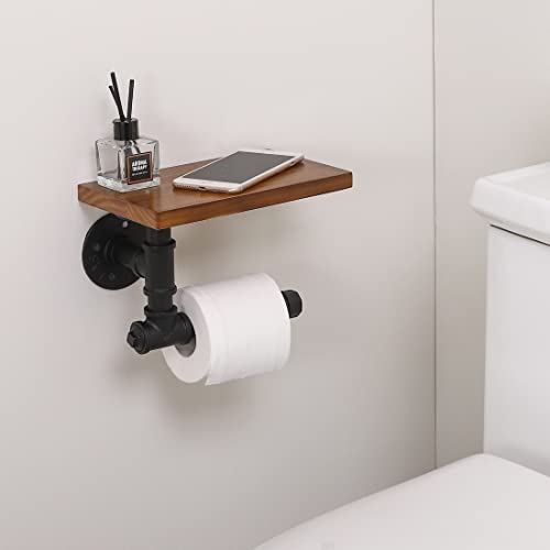 Kes Toilet Paper Holder With Shelf For Bathroom, Rustic Toilet Paper Roll Holder With Wooden Shelf And Industrial Iron Pipe, Wall Mounted Black, Bph502-Bk #TOP5