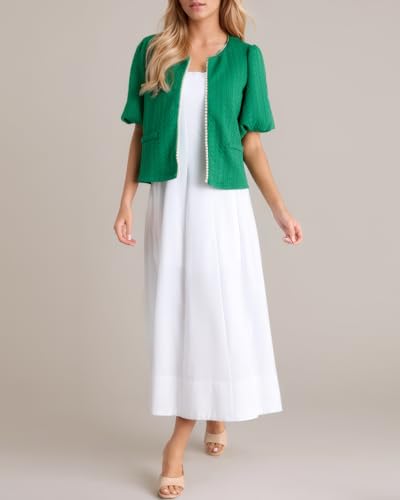 Image of Kedera Puff Short Sleeve Tweed Jacket Women Cropped Jackets Summer Open Front Elegant Trimmed Cardigans with Pearls