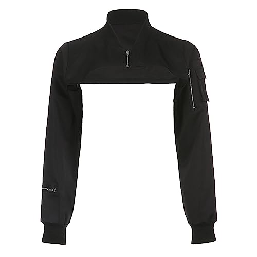 T-shirt court à manches longues femme streetwear avec col zippé et poches