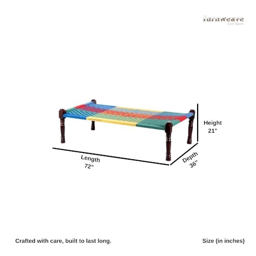 Image of Solid Sheesham Wood Charpai Khat | Handcrafted Daybed Khatiya Charpai with Cotton Rope | Traditional Khat Bed Wooden Diwan Cot for Living Room | 6X3 Feet | Colorful 004 (Blue-Multi)