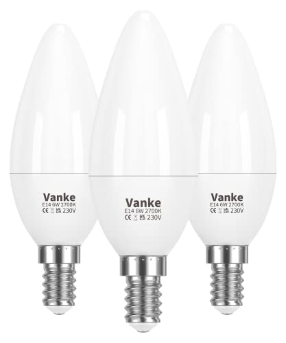 Vanke E14 LED Light Bulb, Warm White 2700K, 6W (40 Watts Equivalent), 470 Lumen LED Candle Bulb, SES Small Edison Screw Light Bulbs, Non-Dimmable, Pack of 3