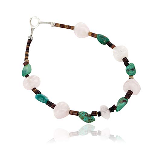 Image of $80Tag Silver Navajo Certified Natural Turquoise Pink Quartz Native Bracelet 13077 Made By Loma Siiva