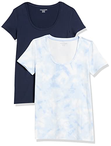 Amazon Essentials T-Shirt Col Rond à Manches Courtes, Coupe Classique (Disponible en Grande Taille) Femme, Lot de 2, Blanc Tie-dye/Bleu Marine, XL