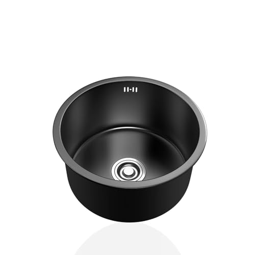 CZYWKDDPP Fregadero pequeño Redondo Negro de Acero Inoxidable 304, de un Solo Seno, para caravanas, con escurridor y rebosadero, Ideal para Bares y restaurantes, Montaje bajo encimera o sobr