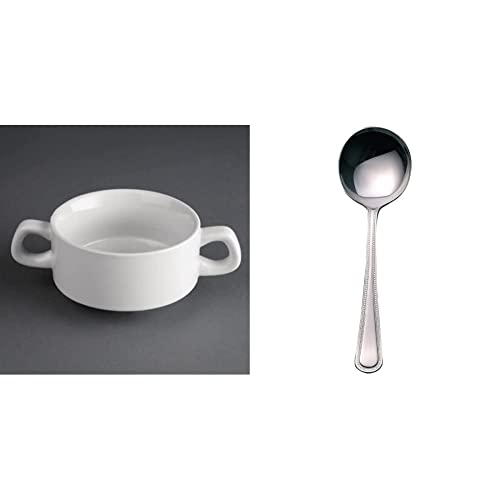 Olympia Hotelware Stacking Soup Bowls in White Porcelain 10oz / 290ml - x 12 & Bead Soup Spoon 172mm 18/0 Stainless Steel Dining Serving Cutlery 12pc
