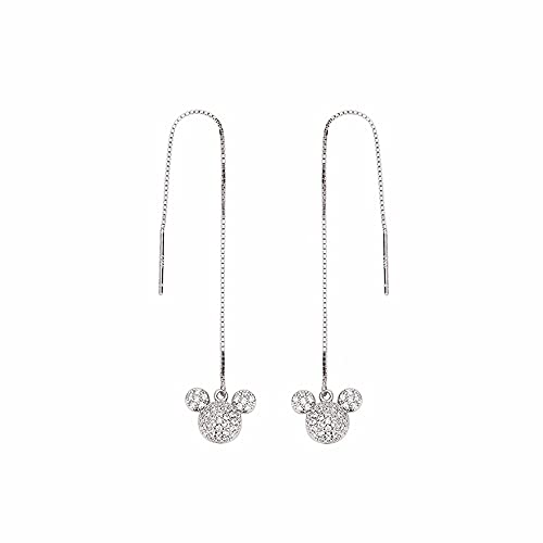 Cute Mouse CZ Threader Tassel Earrings Sterling Silver 925 Dainty Crystal Rhinestone Long Chain Ear Line Dangle Charm Drop Hoop Stud Earring Statement Ear Jewelry Lovely Gifts for Women