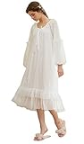 Vintage Victorian Cotton White Nightgown for Women Long Puff Sleeve Calf-Length Wide Lace Neck Lacy Flounce Cuff & Hem Palace Style Princess Loungewear Nightdress Sleepwear Nightshirt Pajamas