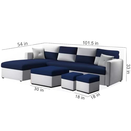 Image of FURNY Arno 8 Seater Fabric L Shape Sectional LHS Sofa Set with 1 Centre Table & 2 Ottomans (Light Grey-Blue)