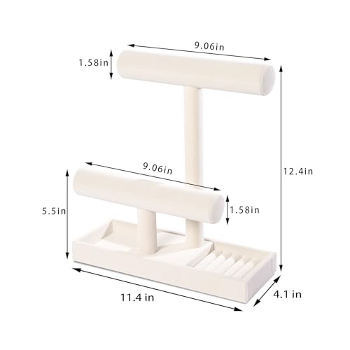 ByKen Multi-Functional 2 Tier Jewelry Holder,Necklace Bracelet Holder with Earrings Rings Tray,Jewelry Organizer Stand for Scrunchie Watches(Beige Velvet)4