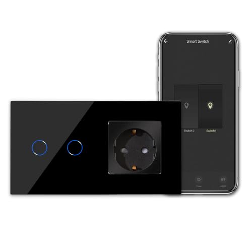 CNBINGO Socket con WLAN Light Switch - Smart Touch Switch de 2 bandas de con Alexa/Google Home, Smart Life App - con panel de vidrio y LED de estado - Se requiere una escalera neutral