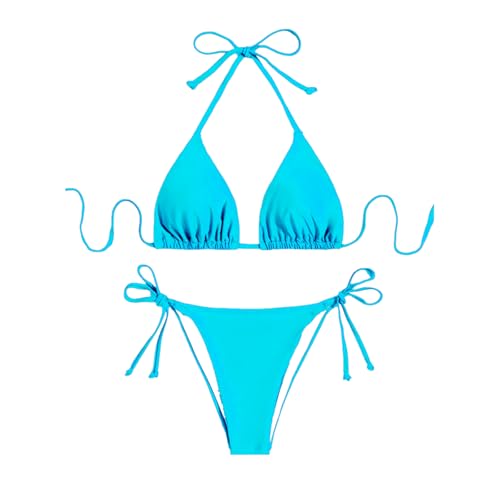 Traje de Baño de Dos Piezas Mujer Acolchada Clásico Ajustable Halter Triángulo Bikini Top Bikini con Almohadilla para el Pecho(Azul Un tamaño)