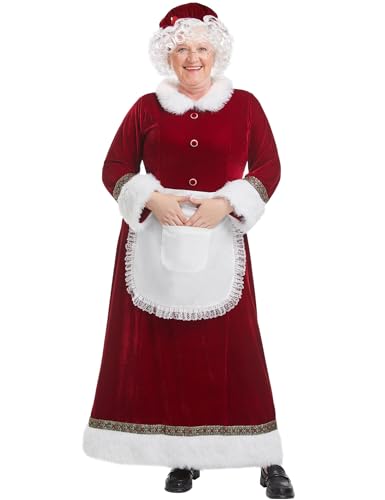 Wabolay Mrs Claus Costume Adult Women 5PCS Miss Santa Clause Dress Deluxe Velvet Christmas Suit Plus Size Xmas Outfit Set XL