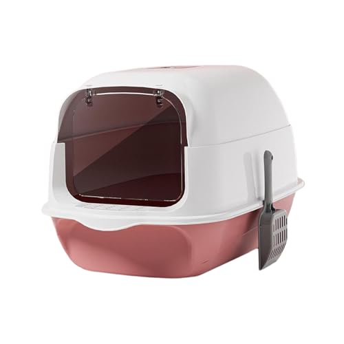 Cat Litter Box with Lid, Hooded Kitten Potty Tray Cat Toilet Enclosed and Covered Cat Toilet Pet Litter Box with Cat Litter Shovel, Pink with Lid