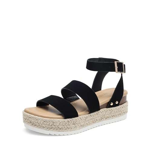 DREAM PAIRS Strappy Espadrille Platform Wedge Sandals for Women Dressy Summer, Comfortable Open Toe Sandals with Cushioned Insole and Ankle Strap Buckle 7.5 Black Nubuck