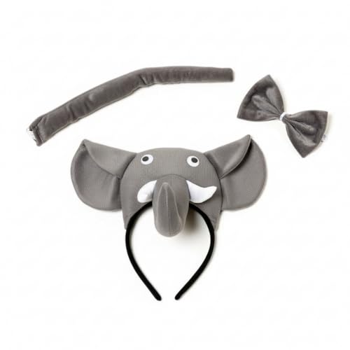 Image of Grey Elephant Headband with Bow and Tail Costume Set,Halloween Animal Ears Costume Dress Up Suit, Cosplay Party Supplies for Adult