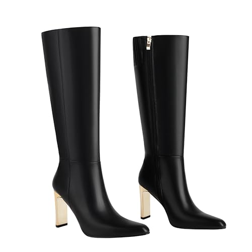 Mofirdast Black Knee High Boots With Pointed Toe Block Heel and Side Zip Heeled Boots,Classic and Sexy4