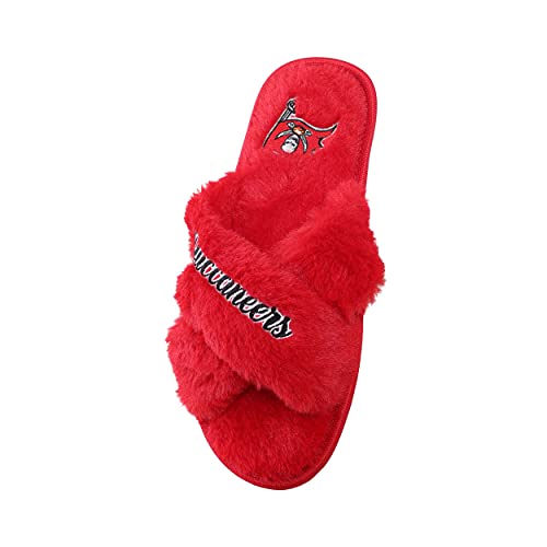 Image of FOCO Womens NFL Team Script Wordmark Fuzzy Cross Slide Slippers