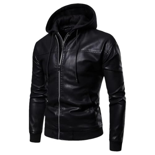 Men's Hooded PU Faux Leather Jacket Casual Long Sleeve Motorcycle Workwear Biker Coat