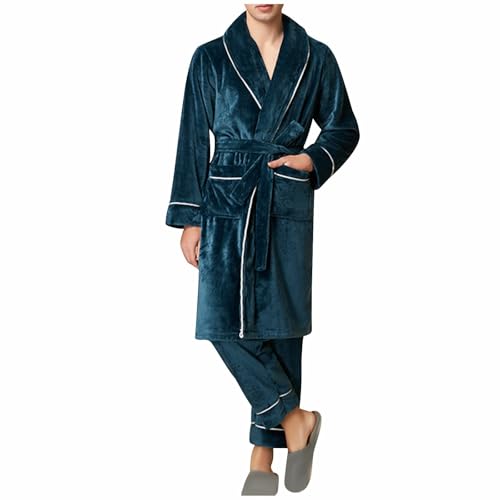 Mens Soft Flannel Long Robes Cozy Fleece Plush Bathrobe And Pants Matching Two-Piece Sets Sleepwear Casual Housecoats
