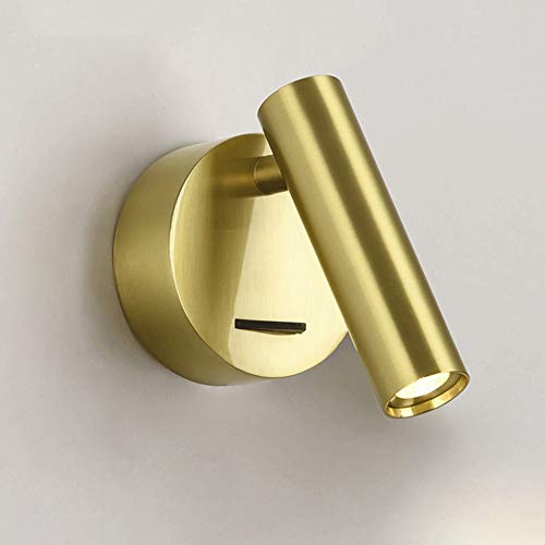Lámpara de lectura de pared LED dorada de 3W con interruptor para cabecera de dormitorio