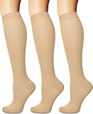 3 Pairs Knee High Graduated Compression Socks For Women and Men - Best Medical, Nursing, Travel & Flight Socks - Running & Fitness - 15-20mmHg (S/M, Nude)