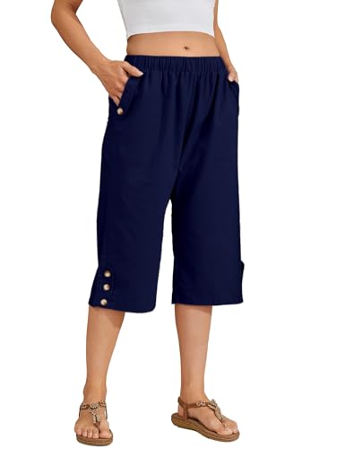 Women Summer Capri Pants Casual Wide Leg Elastic Waist Lightweight Cropped Loose Pants with Pockets