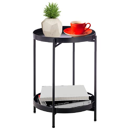 Simeasy Black Folding End Table 2-Tier Metal Round Side Table with Removable Tray Outdoor & Indoor Drink Snack Coffee Table Telephone Table