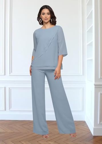 2 Piece Mother of The Bride Pant Suits 3/4 Sleeve Chiffon Pantsuit for Wedding Ruffles Formal Jumpsuits for Women Dressy2