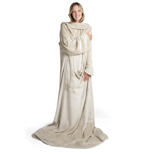 Blumtal BataManta Mujer - Manta con mangas y bolsillos, Batamanta Hombre, Bata manta Polar para Invierno, Arena, 170 x 200 cm