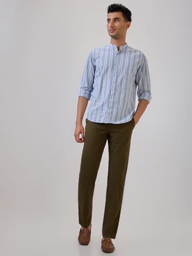 Image of Raymond Men Slim Fit Solid Pattern Cotton Elastane Blend Flat Front Casual Trouser