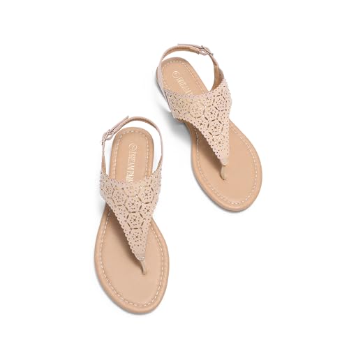DREAM PAIRS DREAM PAIRS Women's Rhinestone Casual Wear Cute Gladiator Flat Sandals Beach Dressy T-Strap Thong Sandals,Size 7.5,Nude,MEDINIE