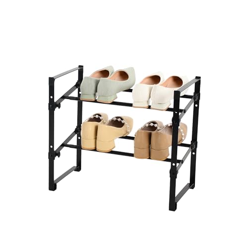 Amig – Scarpiera estensibile a 2 ripiani Tötem | 45,5~80 x 24 x 39,5 cm | Acciaio e plastica PP | Nero | Ideale per ingresso o camera da letto | Organizzatore per 12 paia di scarpe