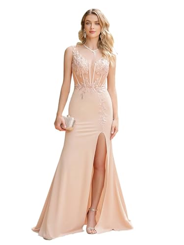 Robe de soirée longue sirène haut de gamme en satin champagne à appliqués floraux