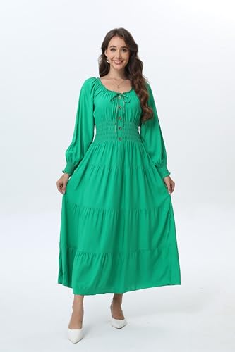 Image of OSTOO Women's 2026 Casual Long Sleeve Square Neck Smocked High Waist Flowy Maxi Dress,Boho Tiered Beach Party Dress