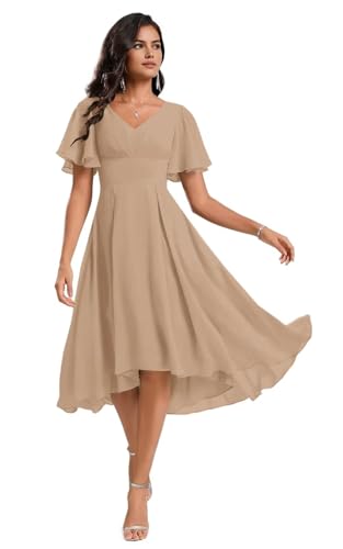 Amazon.com: SNOWROSE Boho Bridesmaid Dress with Short Sleeves Taupe V Neck Formal Gown Ruched A Line Chiffon Summer Evening Dresses for Women Size 12 : Clothing, Shoes & Jewelry