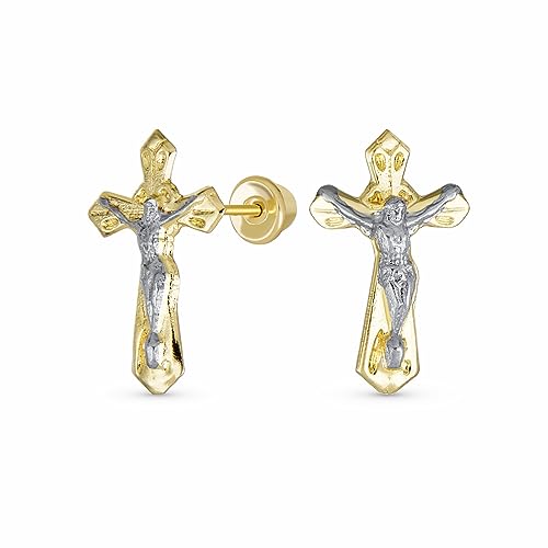 Tiny Minimalist Christian Religious Ichthus Jesus Fish or Black Gold Crucifix Cross Real Two Tone Yellow 14K Gold Stud Earring For Women Teen Safety Screw Back