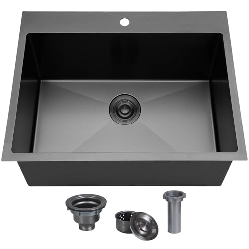 Image of SHACO 25x22 Inch Black Drop In Kitchen Sink, 25 Inch Gunmetal Black 8 Inch Deep RV Laundry Utility Sink, Top Mount 16 Gauge Stainless Steel Single Bowl Deep Small Kitchen Sink