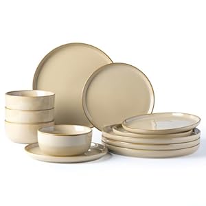 Ceramic Dinnerware Sets for 4, 12 Pieces Stoneware Plates and Bowls Sets, Chip and Scratch Resistant Dishes, Dishwasher & Microwave Safe, Reactive Glaze