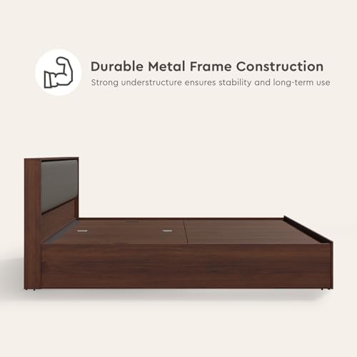 Image of Interio by Godrej Bed, Eden V2 Queen Size Engineered Wood Bed with Pullout Storage, 1-Year Warranty, Walnut, Particle Board