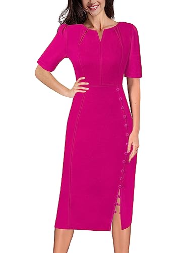 VFSHOW Womens Buttons Pleated Notch V Neck Work Business Office Pencil Midi Dress 2023 Slit Church Interview Career Party Slim Bodycon Sheath Dress (Hot Pink, X-Small) 10245 HPIK XS