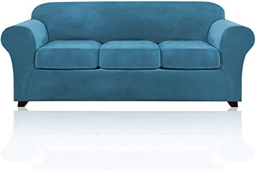 4 Pieces Sofa Covers Stretch Velvet Couch Covers for 3 Cushion Sofa Slipcovers Soft Sofa Slip Covers Furniture Covers with 3 Individual Seat Cushion Covers, Machine Washable (Large, Blue)