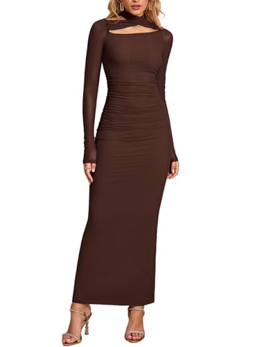 Women's Formal Fall Long Sleeve Maxi Dress Crisscross Halter Mesh Ruched Bodycon Wedding Guest Cocktail Party Long Dresses