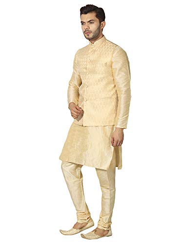 Image of Uri and MacKenzie Men's Silk Blend Regular Kurta Churidar Pyjama with Bundi Nehru Jacket /Waistcoat